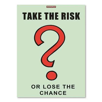 Decorbites™ monopoly millionaire wall art featuring a light green dollar money poster card with a red question mark and motivational text