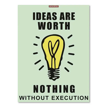 Decorbites™ monopoly millionaire cartoon canvas wall art featuring a light green dollar money poster with yellow light bulb design