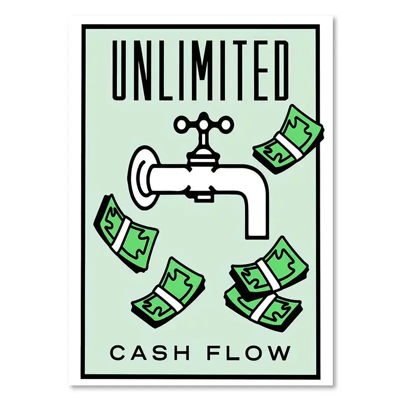 Minimalist monopoly millionaire wall art featuring a white faucet with green dollar bills on a mint background poster