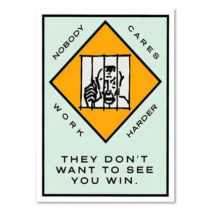Decorbites™ monopoly millionaire cartoon canvas wall art with bold yellow diamond warning sign and black bars line drawing