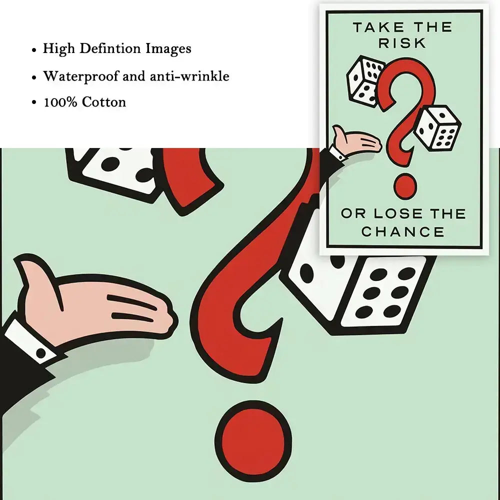 Decorbites™ monopoly millionaire mint green canvas wall art with red question mark dice and motivational dollar money poster text