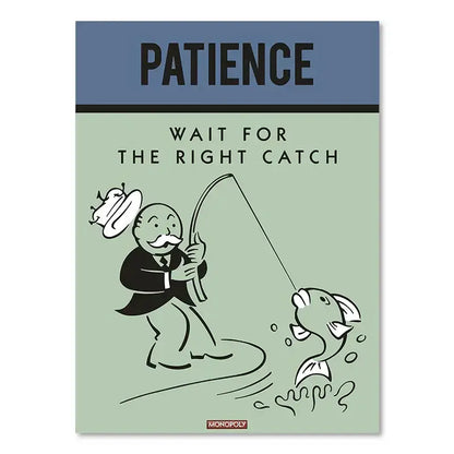 DecorBites™ monopoly millionaire black-and-white cartoon canvas wall art of man fishing with text wait for the right catch