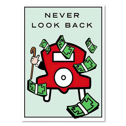 Red cartoon character with white face holding a cane surrounded by dollar bills monopoly millionaire wall art poster