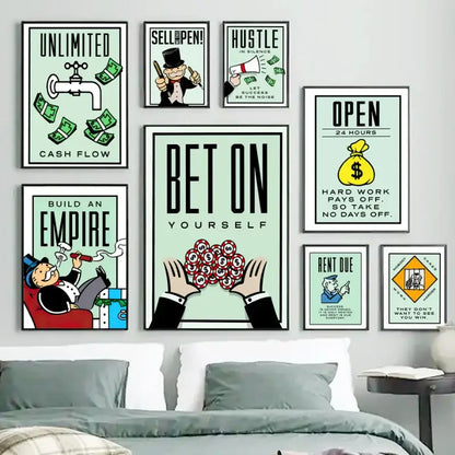 Set of eight framed monopoly millionaire wall art prints with bold black text and colorful illustrations on mint background