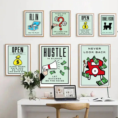 Set of seven framed monopoly millionaire wall art with bold black text and colorful cartoon dollar money posters on mint background