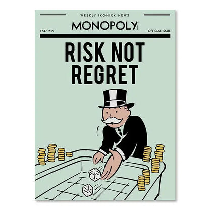 Monopoly millionaire wall art featuring a cartoon man with dice and gold coins on a colorful dollar money poster canvas