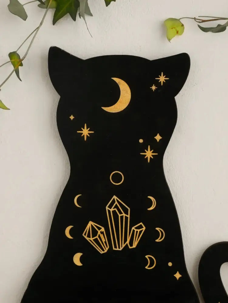 DecorBites™ moon phase black cat wooden shelf features black cat shape with gold foil moons stars and crystals accents