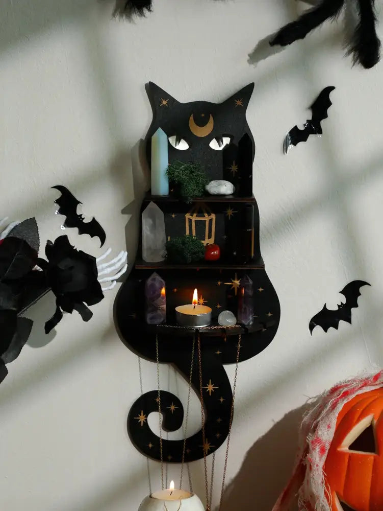 Decorbites™ moon phase black cat wooden shelf with gold star and moon accents featuring three tiers for decor display