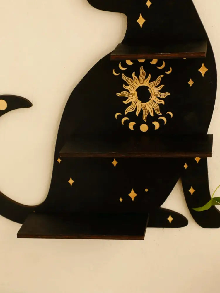 Black cat wooden shelf with gold moon phase sun designs by DecorBites™ for wall decoration