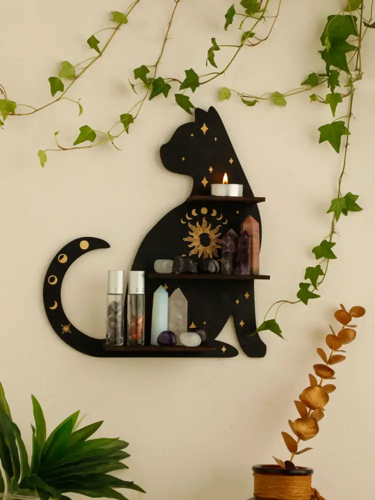 DecorBites moon phase black cat wooden shelf with gold celestial motifs and three tiers for crystals and candles