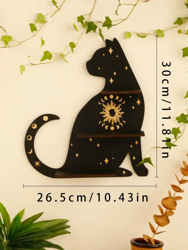 Decorbites™ moon phase black cat wooden shelf with gold celestial designs and three tiers for wall display