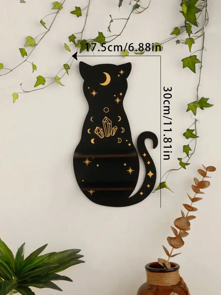 DecorBites moon phase black cat wooden shelf with gold foil moons stars and crystals in black cat design