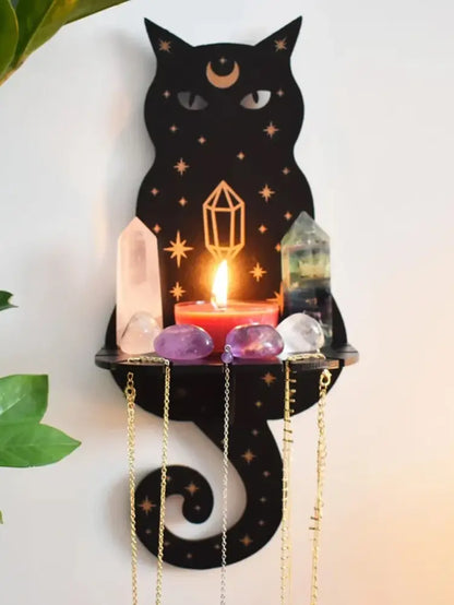 DecorBites™ moon phase black cat wooden shelf with gold star and crescent details holding crystals and candle