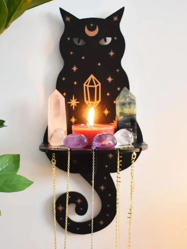 DecorBites™ moon phase black cat wooden shelf with gold star and crescent details holding crystals and candle