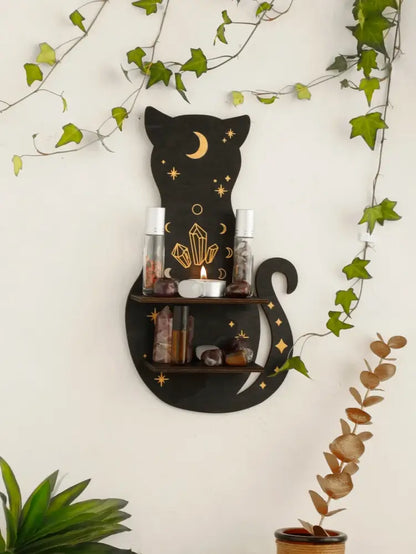 DecorBites™ moon phase black cat wooden shelf with gold celestial motifs and two tiers for candles and decor items