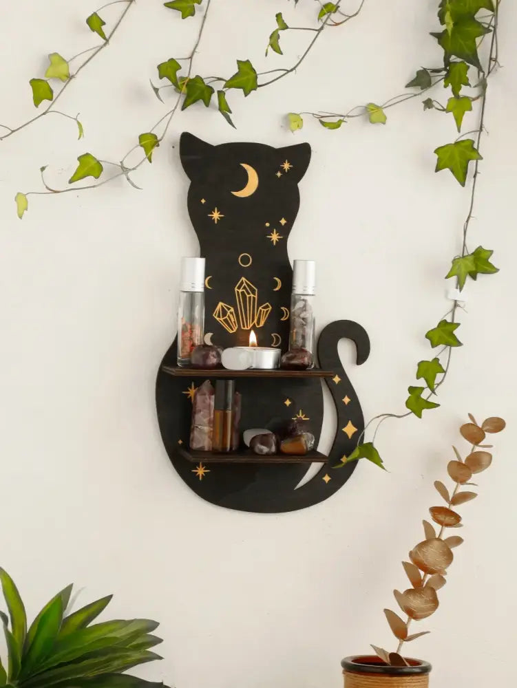 DecorBites™ moon phase black cat wooden shelf with gold celestial motifs and two tiers for candles and decor items