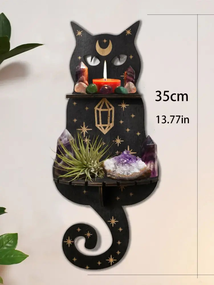 Black cat wooden shelf with moon phase gold star and moon accents and two tiers for crystals and plants by decorbites