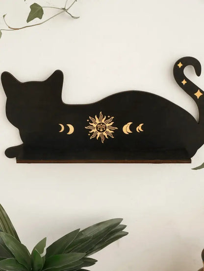Decorbites™ black cat wooden shelf with gold moon phase sun designs ideal for wall decoration