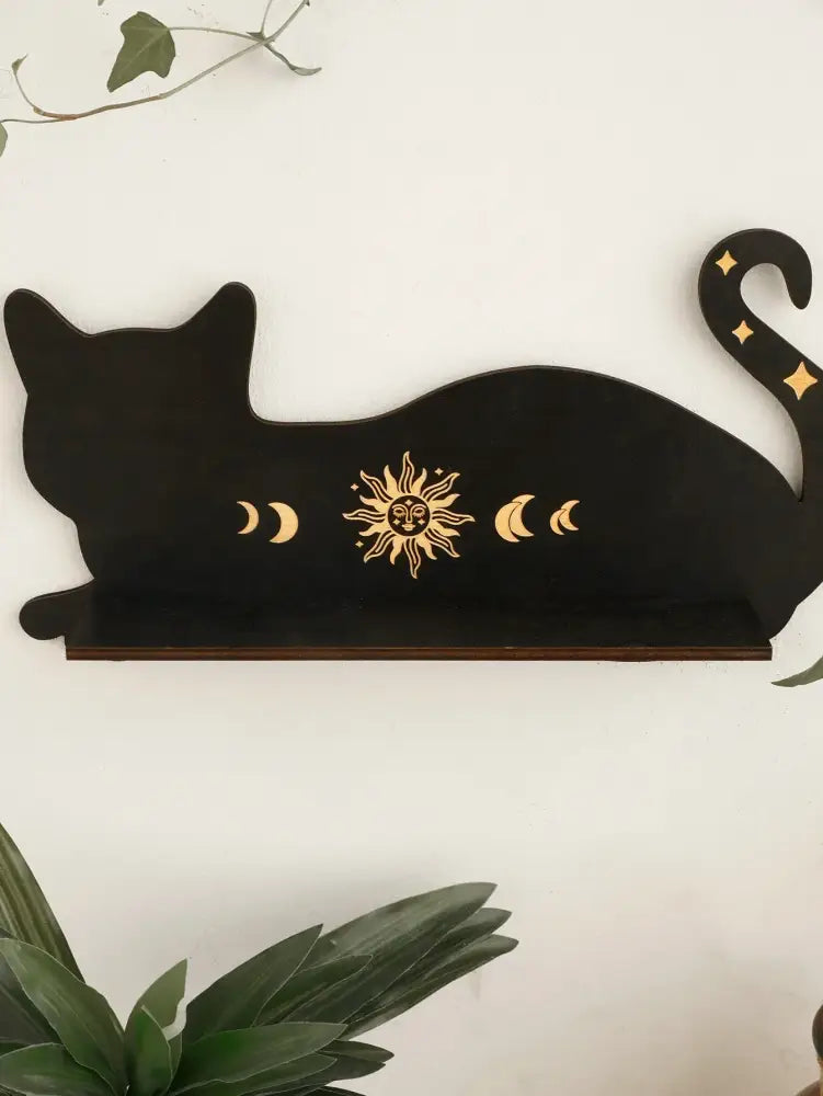 Decorbites™ black cat wooden shelf with gold moon phase sun designs ideal for wall decoration