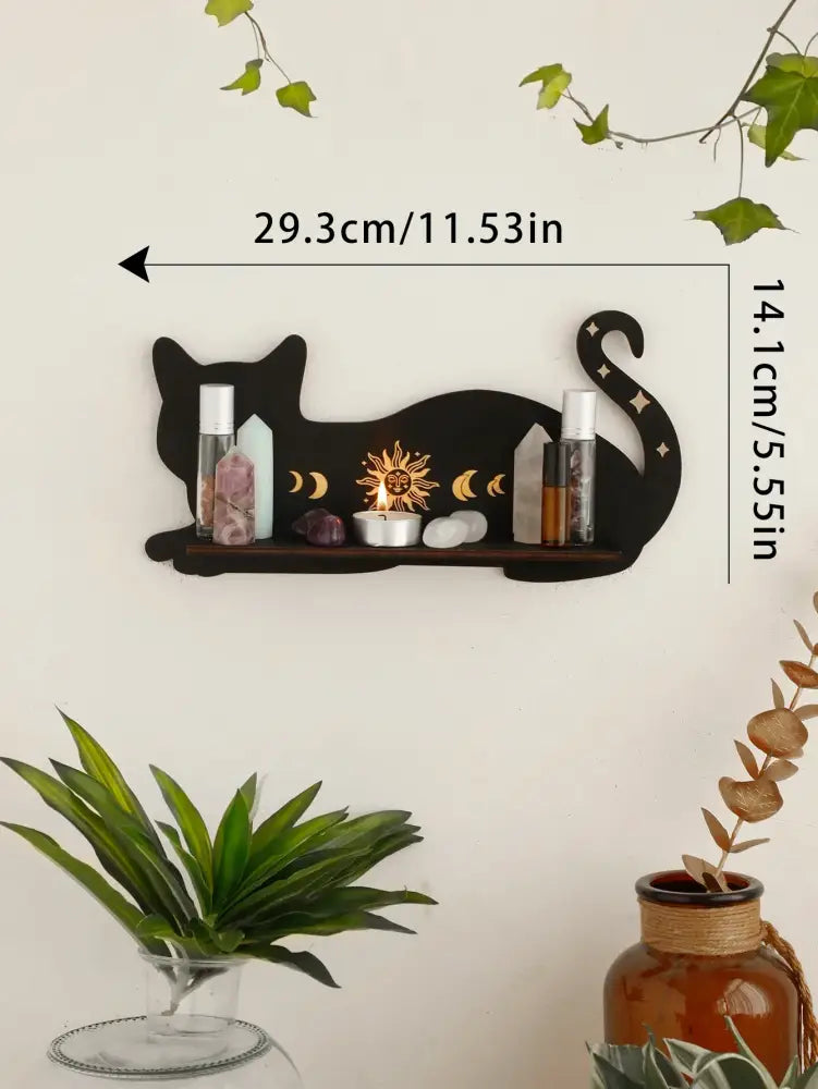 DecorBites™ moon phase black cat wooden shelf with sun and moon design and decorative crystals in natural wood texture
