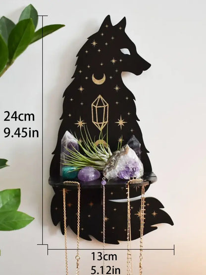 Decorbites™ moon phase black cat wooden shelf shaped like a black wolf with gold star moon motifs holding crystals and plants