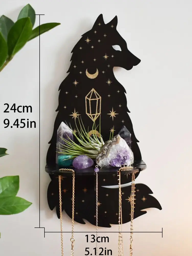 DecorBites™ moon phase black cat wooden shelf shaped like a black wolf with gold celestial motifs holding crystals and plants