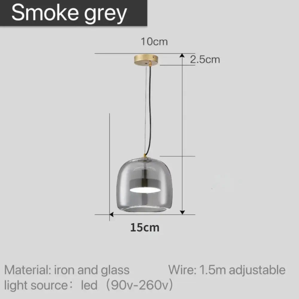 Smoke grey glass pendant light with brass iron mount and adjustable wire featuring led bulb for modern nordic pendant lighting