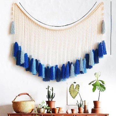 Cream and blue gradient moroccan bohemian wall decor tapestry made of woven macrame with tassels for living room decoration