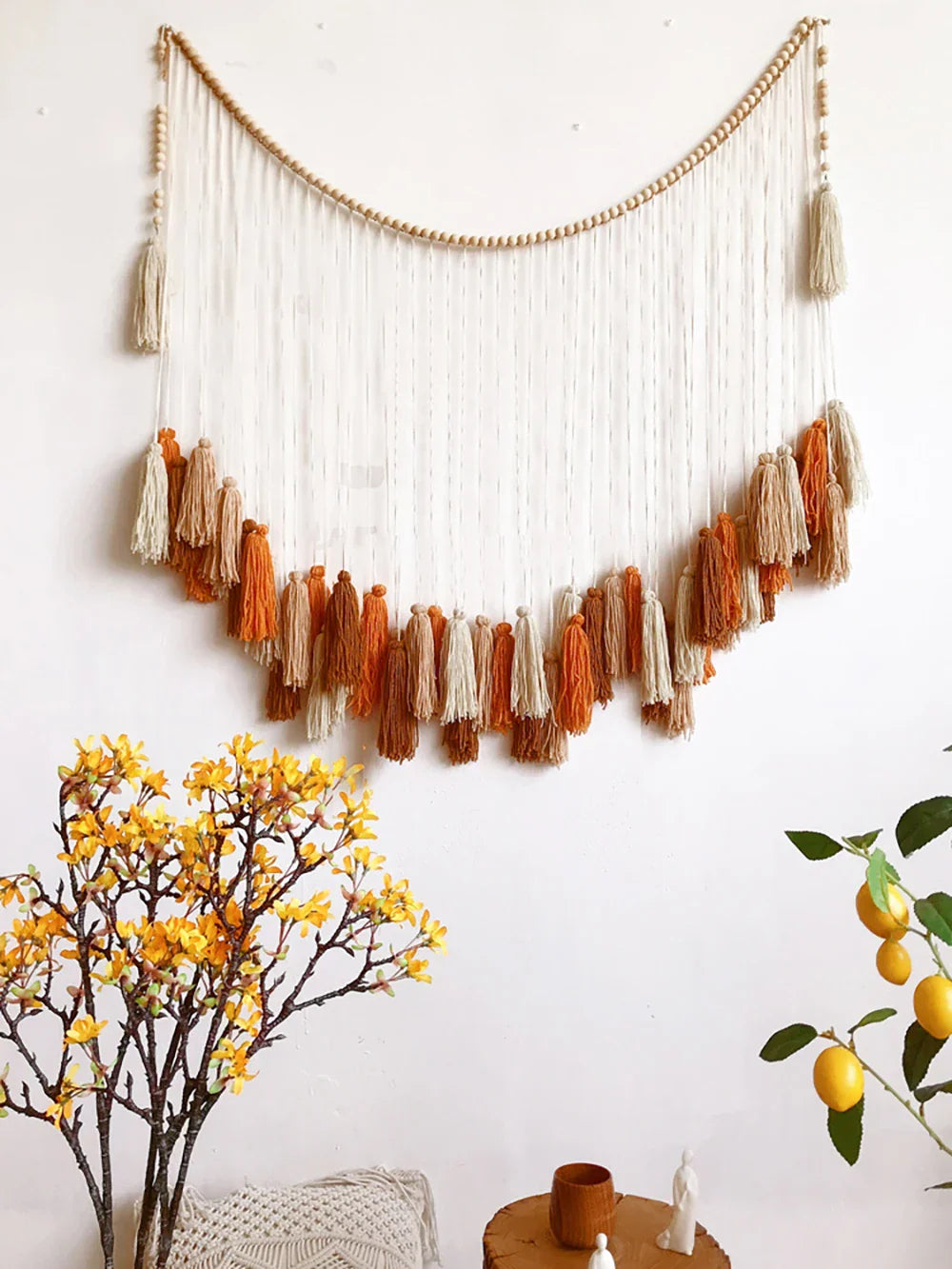 Beige and orange gradient tassel wall decor tapestry with wooden beads for moroccan bohemian wall decoration