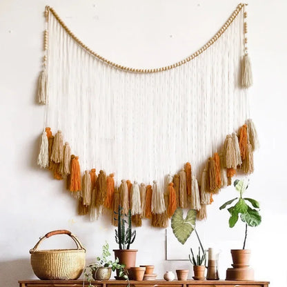 Beige and orange macrame wall decor tapestry with wooden beads and tassels for moroccan bohemian wall decoration
