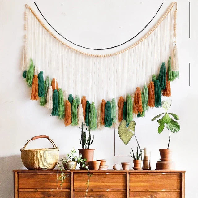 DecorBites Moroccan bohemian wall decor tapestry with cream cords wooden beads and green orange beige tassels