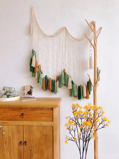 Beige and green woven macrame wall decor tapestry with tassels for moroccan bohemian wall or bohemian wall decor