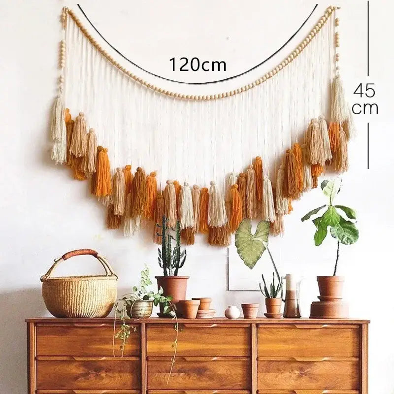 Beige and orange woven macrame wall decor tapestry with wooden beads and tassels for moroccan bohemian wall decor