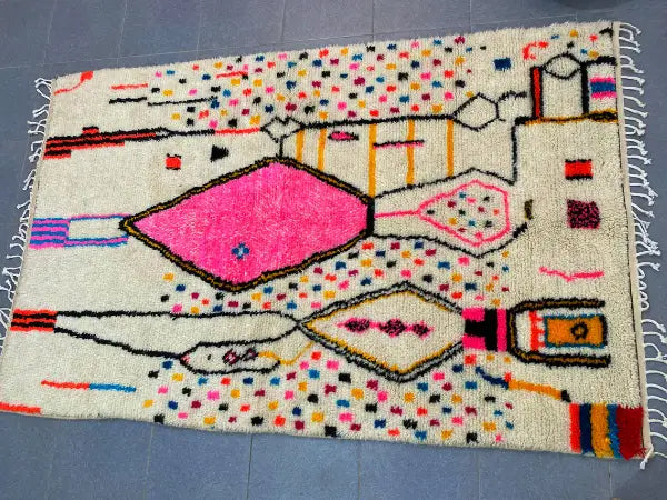 DecorBites™ Moroccan handmade azilal rug 2.5m x 1.5m with vibrant pink yellow geometric patterns on cream background