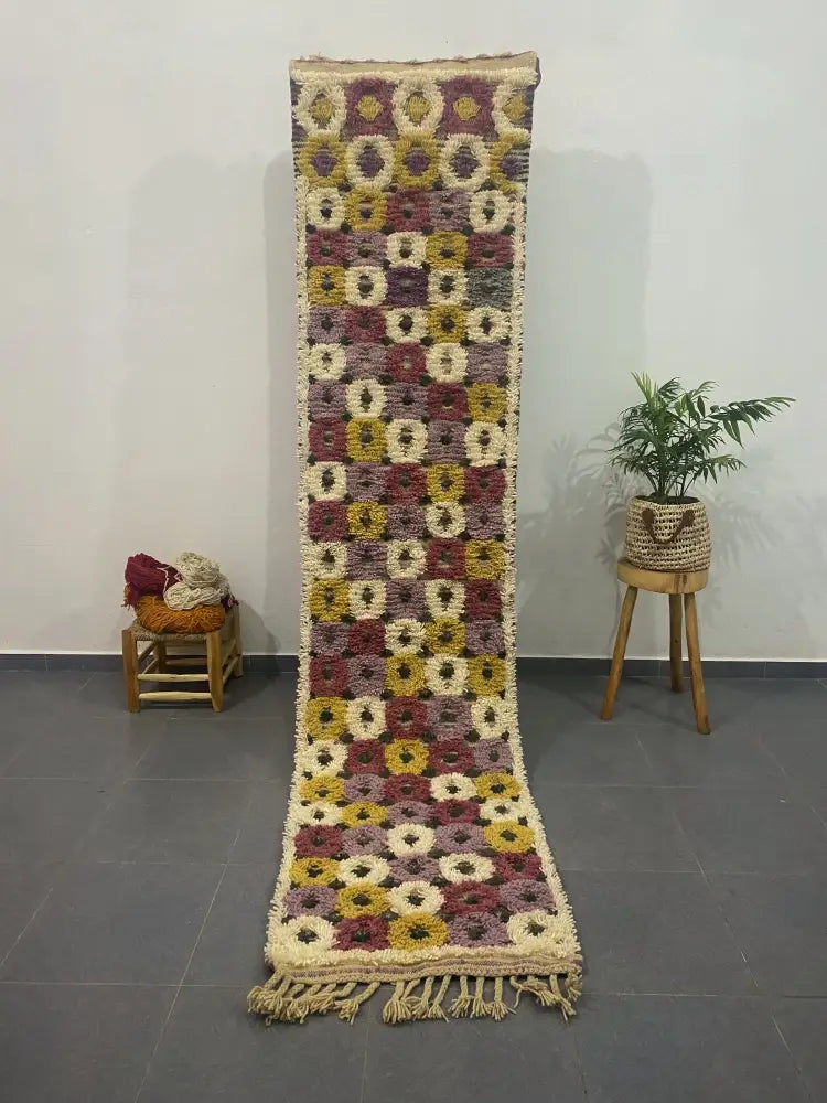 A decorbites™ moroccan handmade beni ouarain rug with geometric pattern in maroon mustard yellow and cream tones