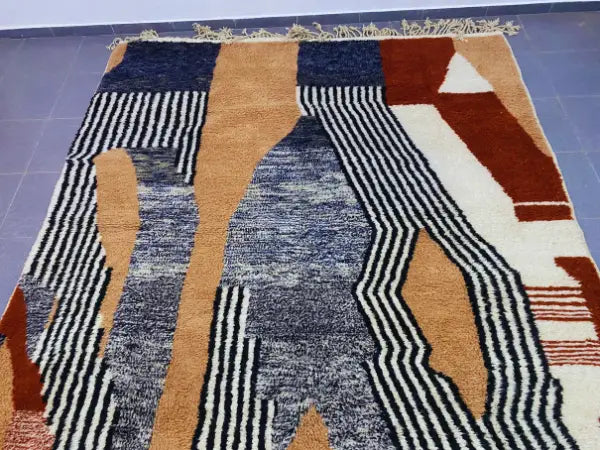 Decorbites moroccan handmade beni ouarain wool rug with bold navy terracotta cream and gray geometric patterns 3m x 2.5m