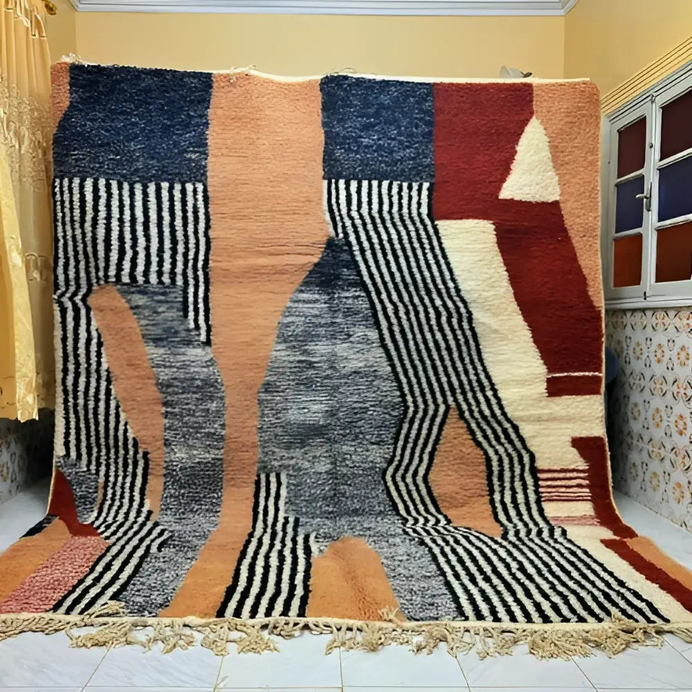 Decorbites™ moroccan handmade beni ouarain rug 3m x 2.5m with bold navy blue terracotta and cream geometric patterns
