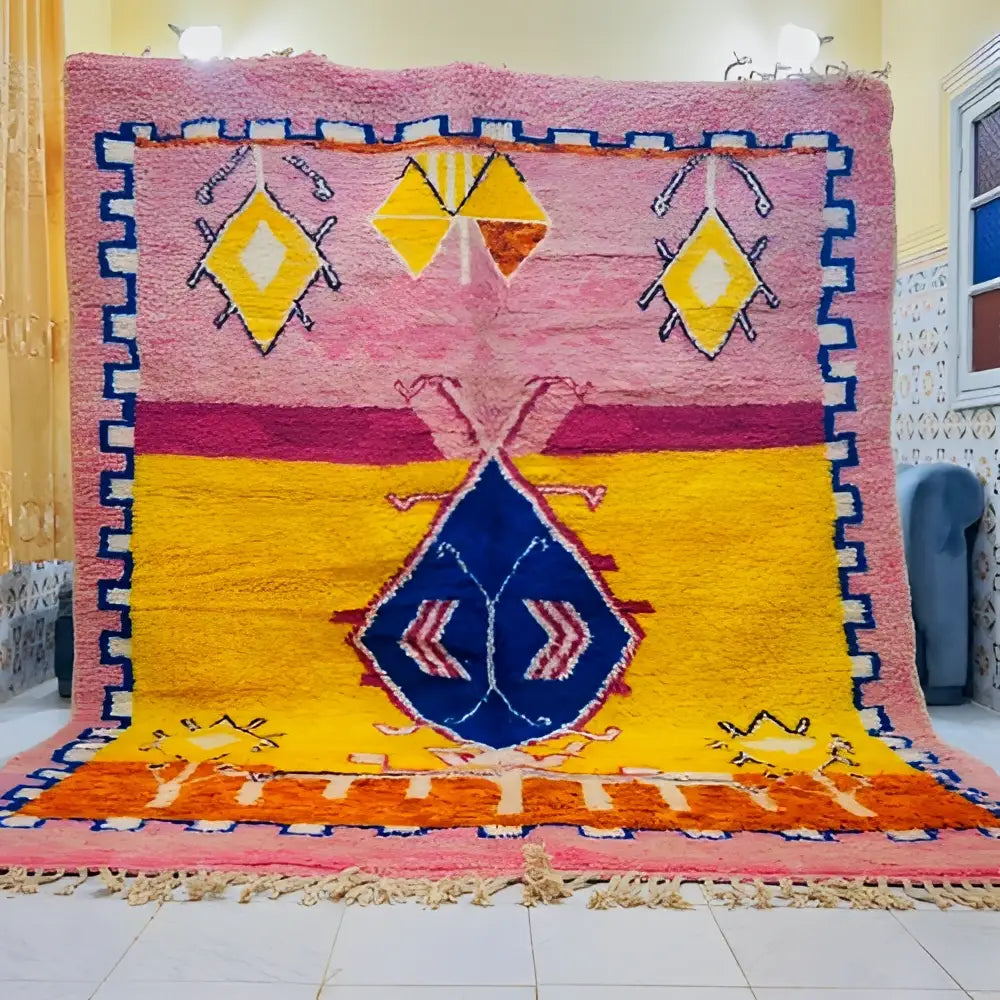 Vibrant pink and yellow moroccan handmade beni ouarain rug with a bold blue diamond motif and intricate geometric borders