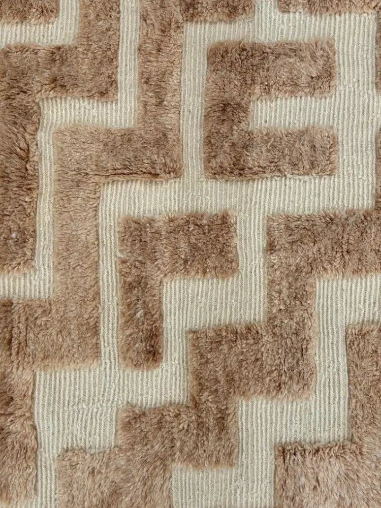 Beige and brown geometric patterned moroccan handmade beni ouarain rug with plush textured surface 3m x 2m