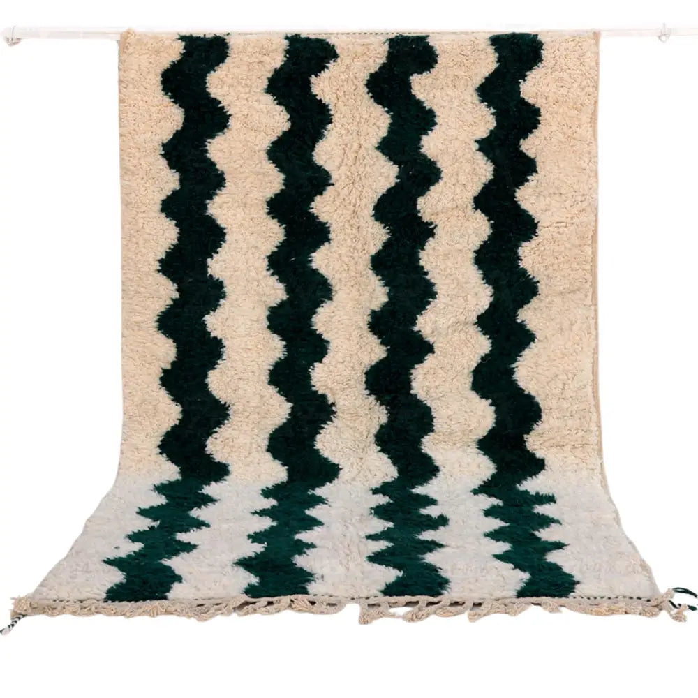 DecorBites™ moroccan handmade beni ouarain rug with cream and dark green wavy pattern and plush textured surface