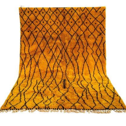 DecorBites™ vibrant orange moroccan handmade beni ouarain rug with bold black geometric patterns and fringed edges