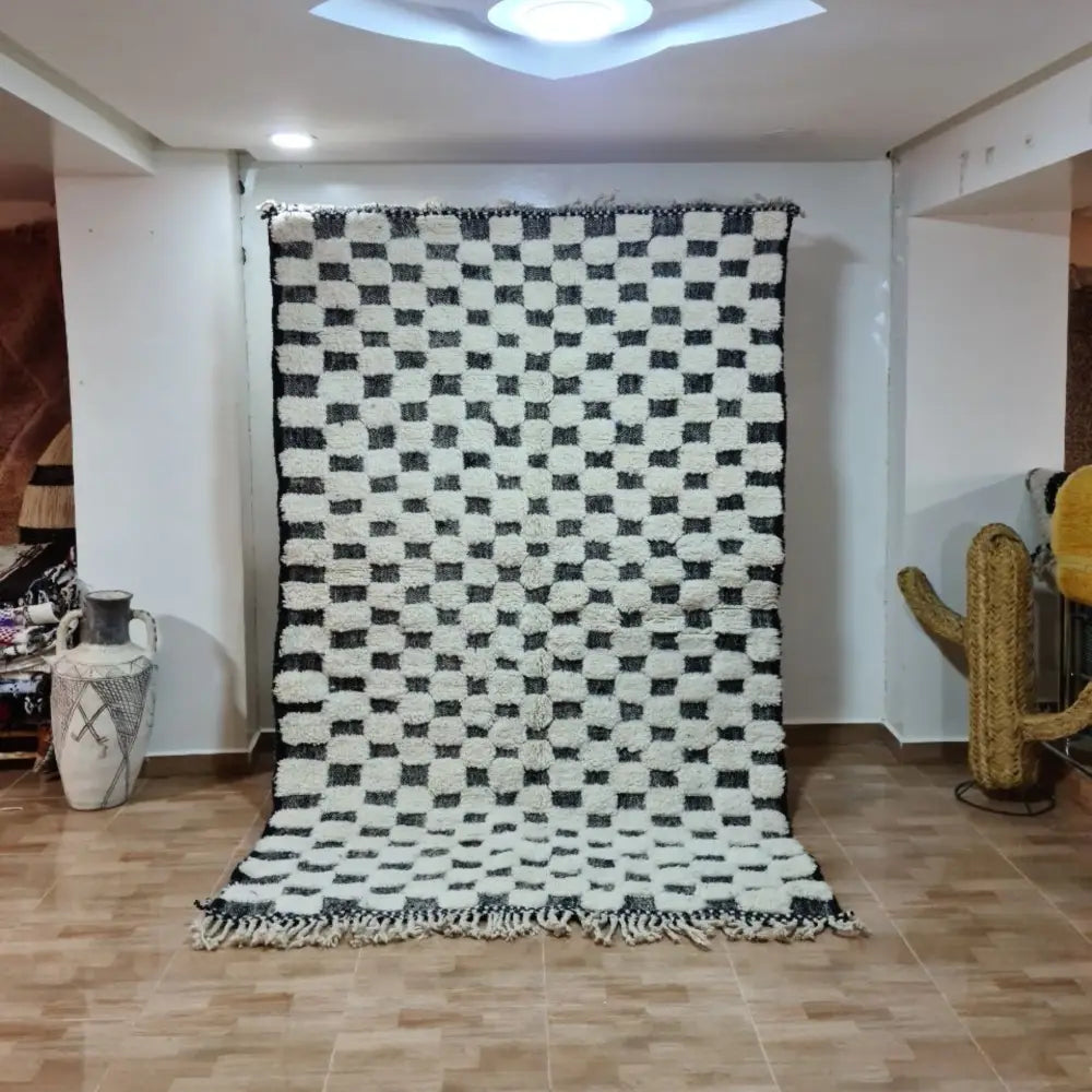 DecorBites™ moroccan handmade blessed beni ourain rug black and white checkered with fluffy texture and fringed edges