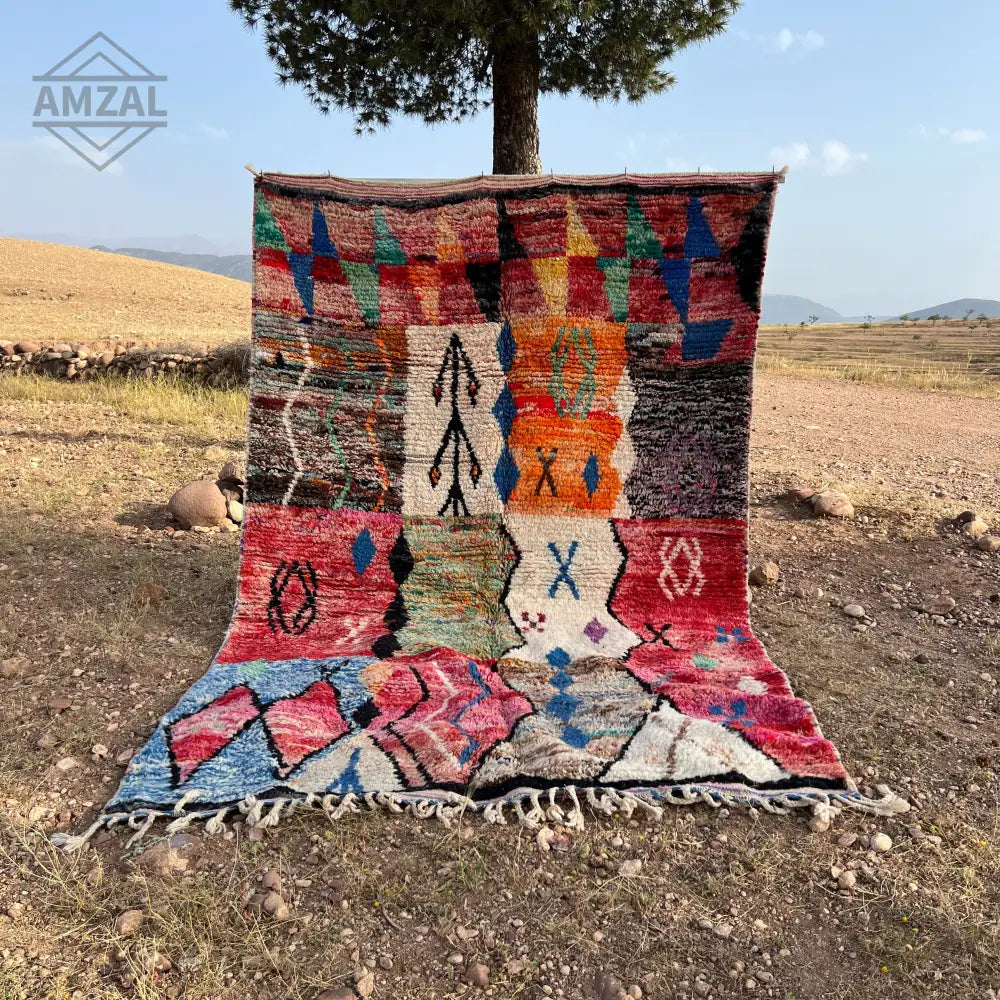 Vibrant multicolored moroccan handmade boujaad rug 3m x 2m wool handwoven with geometric patterns and fringed edges
