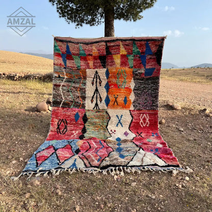 Vibrant multicolored moroccan handmade boujaad rug 3m x 2m wool handwoven with geometric patterns and fringed edges