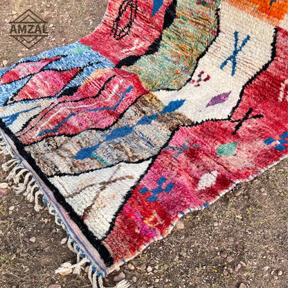 DecorBites™ moroccan handmade boujaad rug 3m x 2m with vibrant reds blues and whites geometric patterns