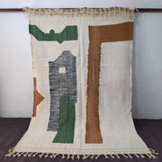 Beige woven decorbites™ moroccan handmade custom hanbel rug with abstract geometric patterns in green brown and gray