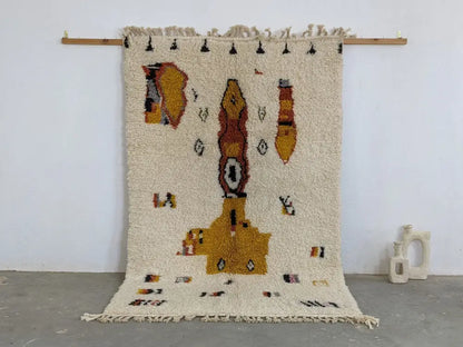 Cream-colored textured wool moroccan handmade traditional azilal carpet with mustard yellow and terracotta geometric patterns