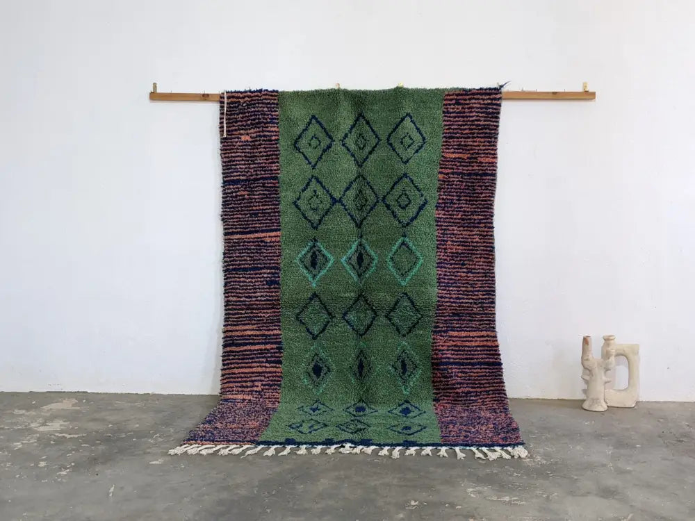 Green moroccan handmade decorbites™ azilal rug with geometric teal and navy patterns in pure natural wool