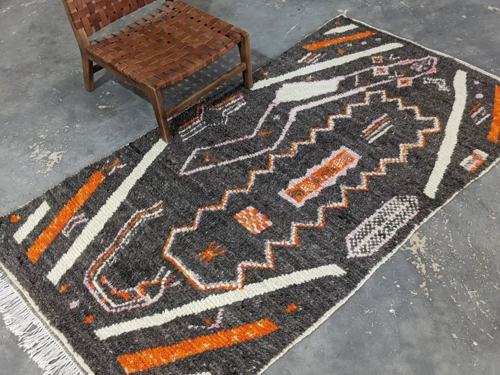 DecorBites™ moroccan handmade azilal rug 244 x 130 cm with bold geometric patterns in black pure natural wool