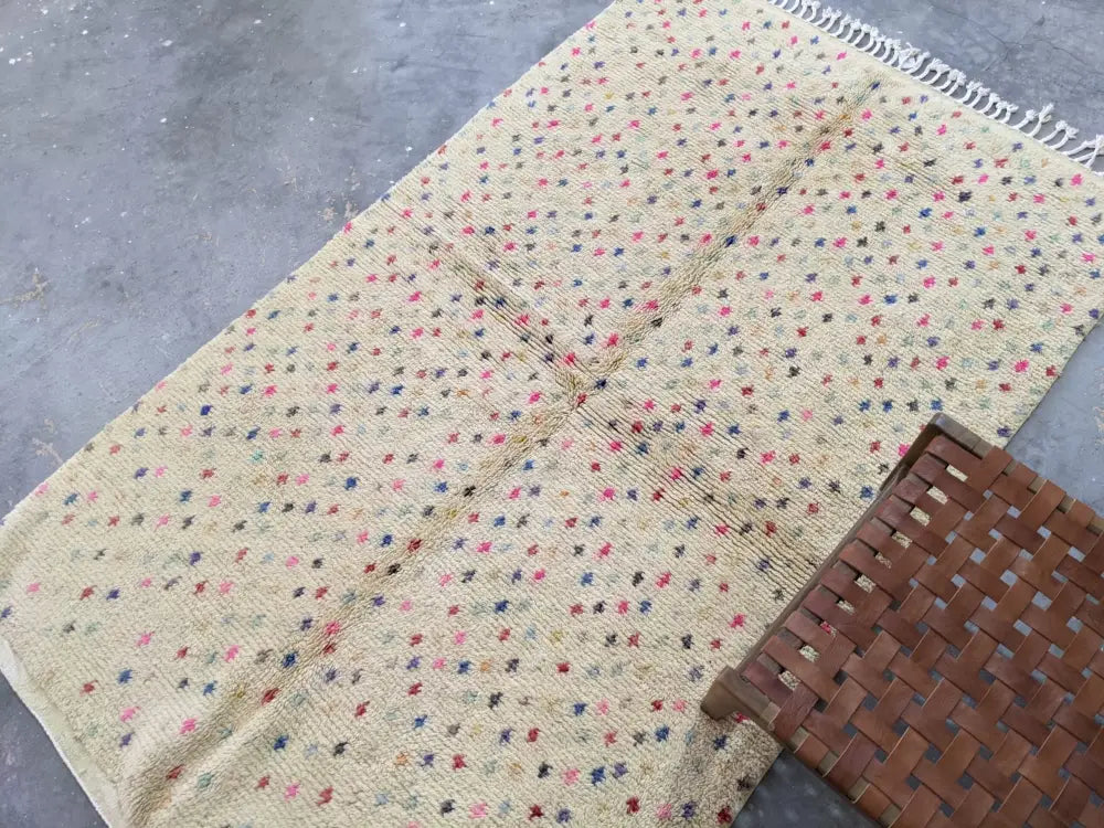 Beige woven moroccan handmade azilal rug with colorful pink blue and black dots in pure natural wool 244 x 148 cm